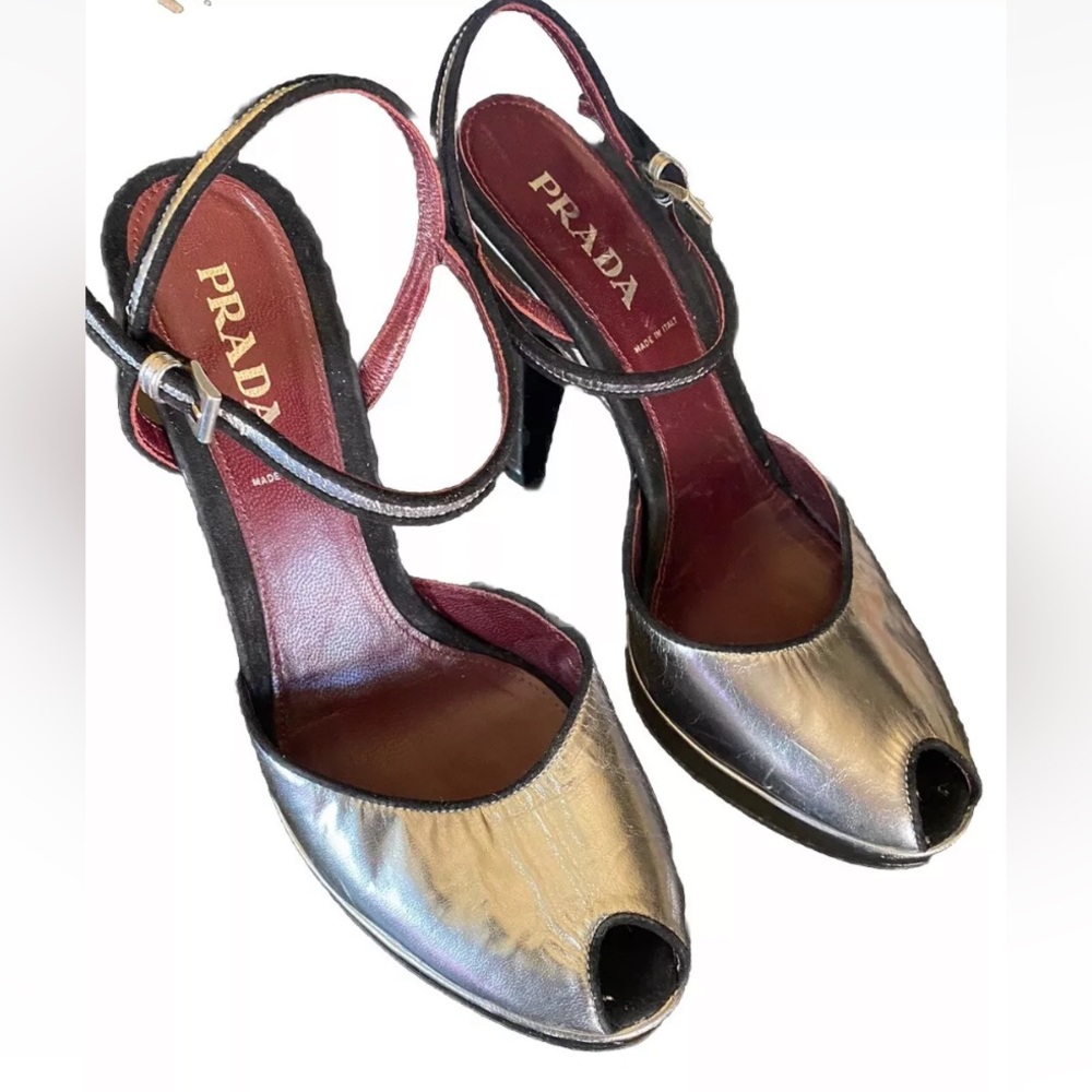 Prada Matlic Silver Heels Sz Womens 9.5